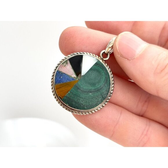 RARE Gemstone Inlay Geometric Southwest Pinwheel 925 Vintage Pendant - Picture 10 of 10